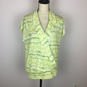 Alfani Wrap Blouse Top XL Womans Yellow Blue Short Sleeve Smocked Waist Straight